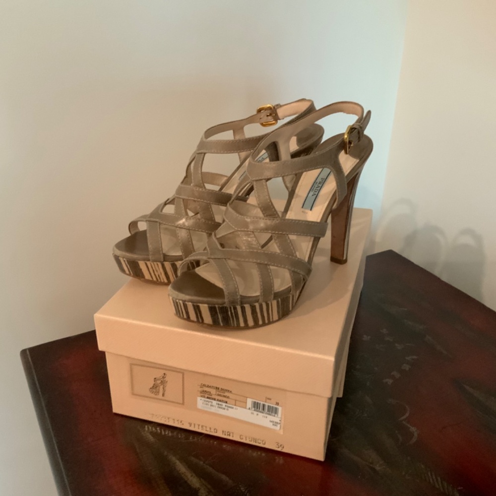 Prada Platform Stiletto Strappy Sandals with striped wooden heals - Picture 8 of 9